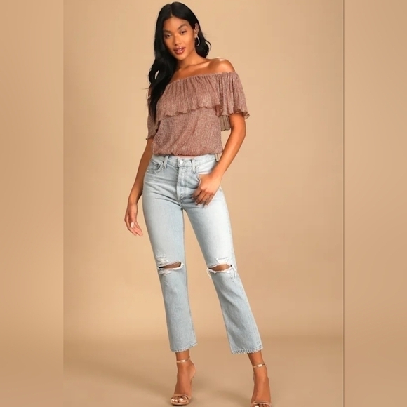 🆕Leveling Up the Look Mauve Metallic Off-the-Shoulder Bodysuit Size Medium 6-8 - Picture 2 of 10